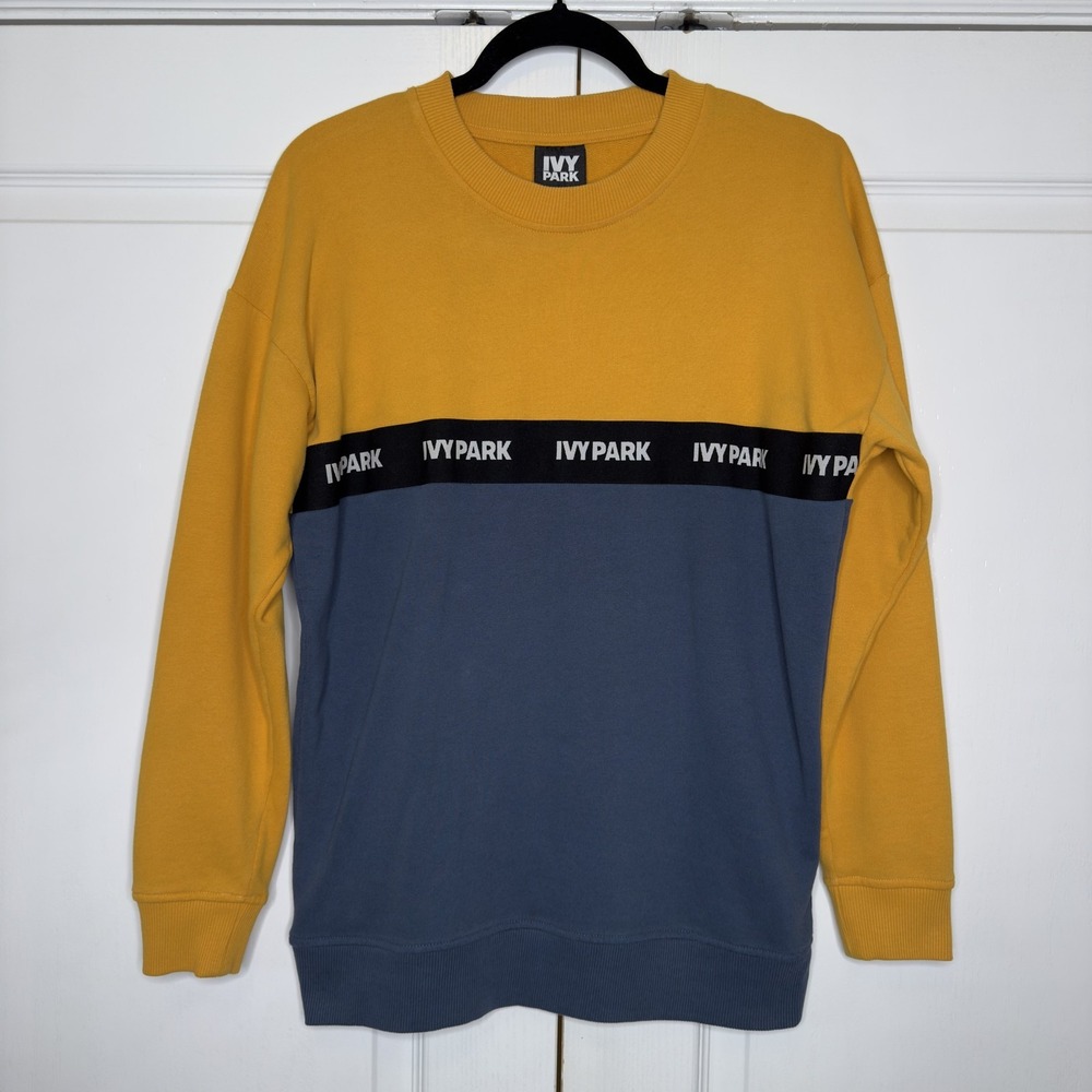 IVY PARK Sweatshirt Women XS Pullover Yellow Blue Colorblock Logo Tape EUC